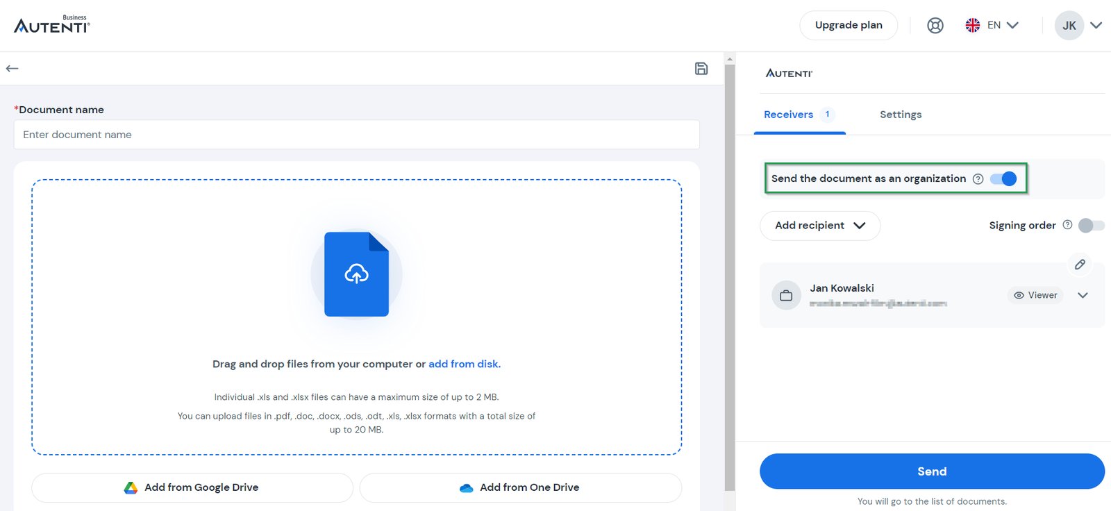 Send a document on behalf of an organisation
