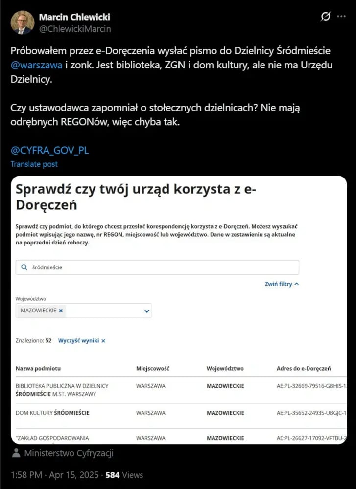Post radcy prawnego na X o problemach z e-Doręczeniami