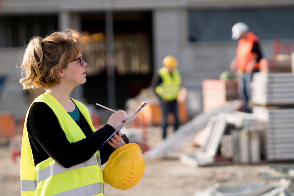 Kierowniczka budowy z kamizelką odblaskową podpisuje dokumentację na placu budowy