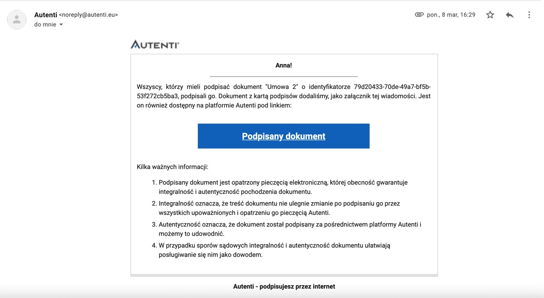 Podgląd wiadomości z podpisanym dokumentem